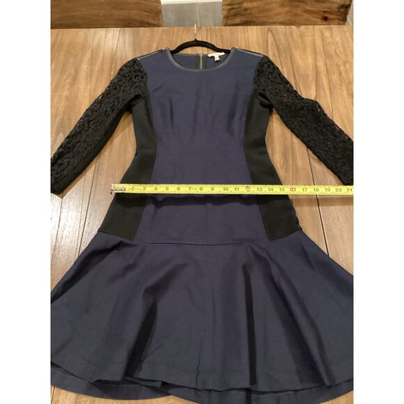 Rebecca Taylor 2 tone black blue drop waist flare zipper and lace mini dress 4 - Picture 6 of 14